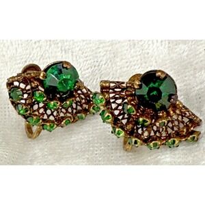 Vintage Czech Rhinestone Fan Earrings Screw Back Gold Tone Green
